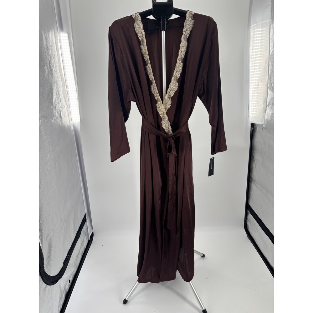 Jones New‎ York Women 2X Chocolate Brown Lace Trim Long Satin Maxi Robe NWT New